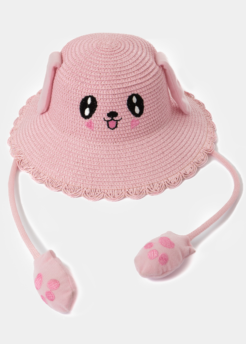 G28A6084 copy Pink Kids Straw Bucket Hat w/ Smiley & Wiggly Ears - Image 1