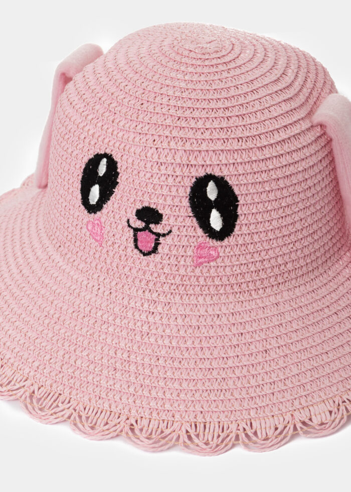 Pink Kids Straw Bucket Hat w/ Smiley & Wiggly Ears - Image 2