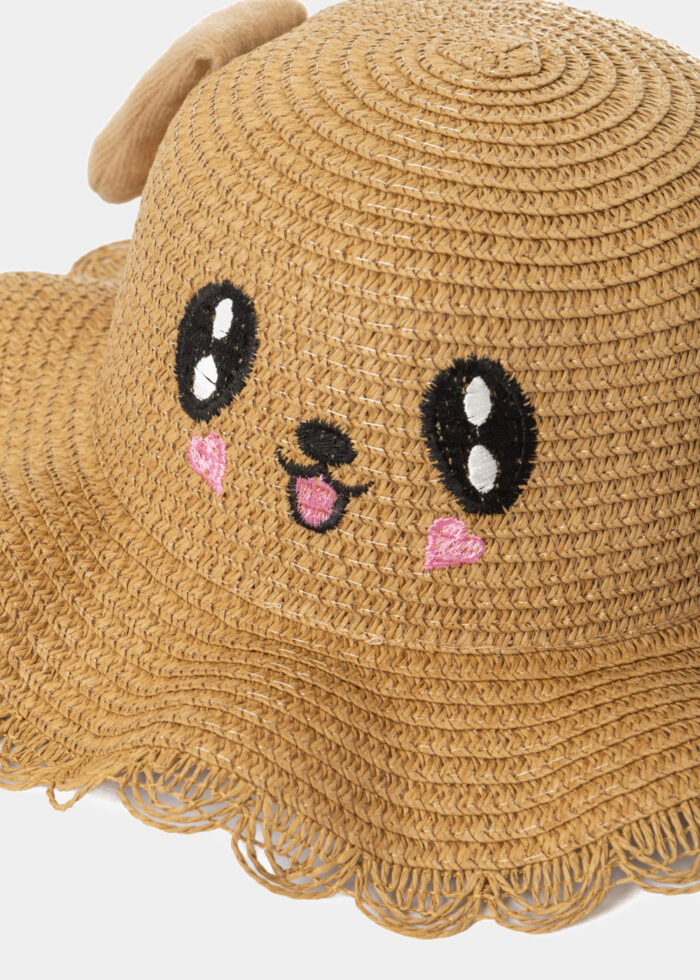 Brown Kids Straw Bucket Hat w/ Smiley & Wiggly Ears - Image 2