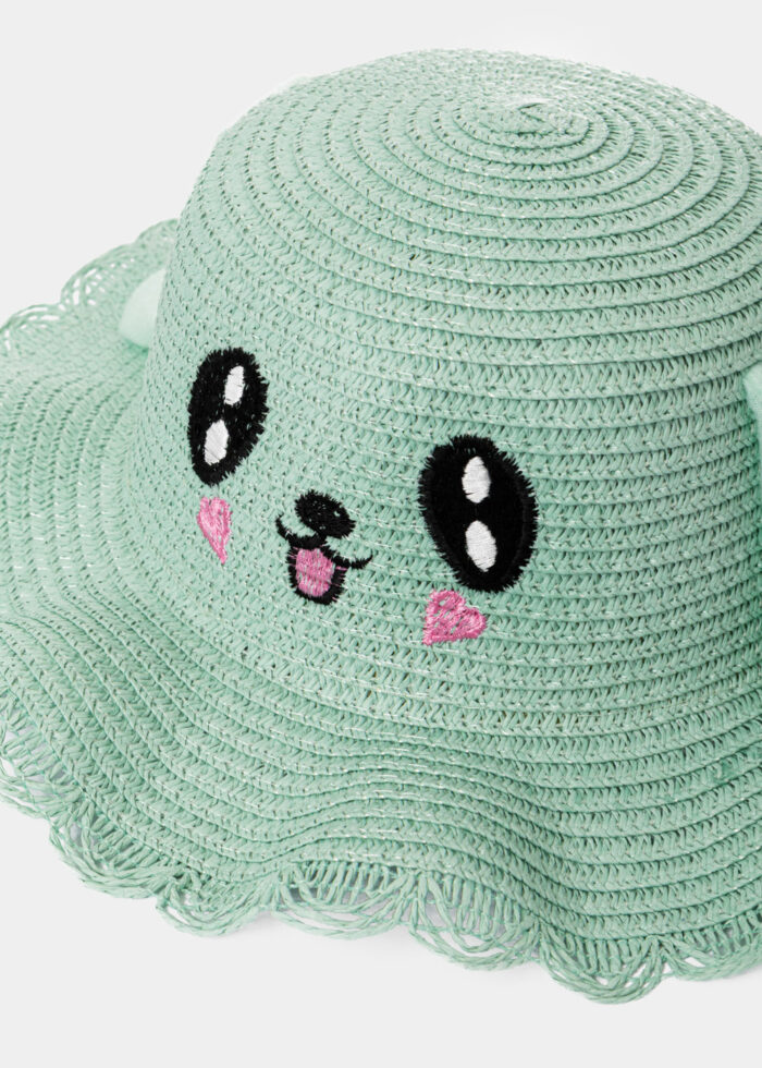 Mint Kids Straw Bucket Hat w/ Smiley & Wiggly Ears - Image 2