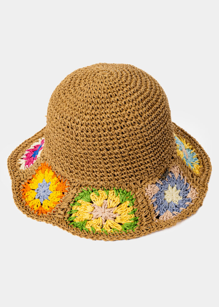 Brown Soft Bucket Style Hat w/ Knitted Flowers - Image 2