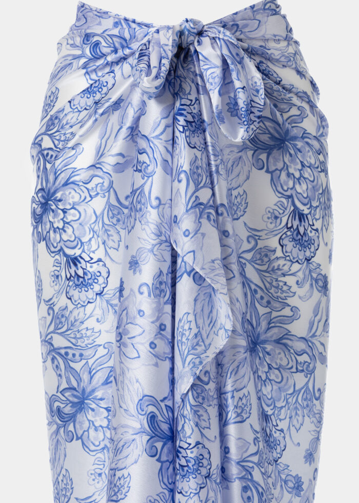White Satin Pareo w/ Blue Flowers Design - Image 2