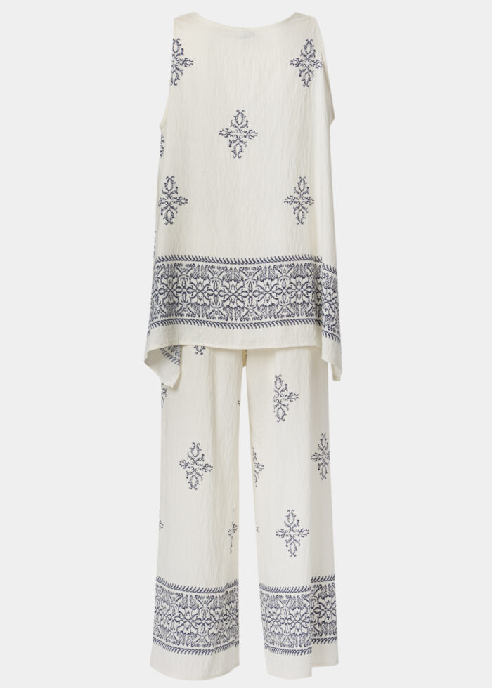 Cream Top & Pants Set w/ Blue Printed Design - Image 2
