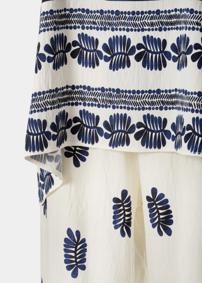 Cream Top & Pants Set w/ Blue Printed Design - Image 3