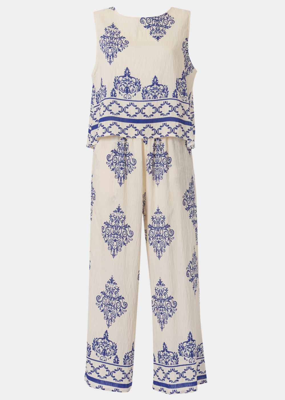 G28A7458 copy Cream Top & Pants Set w/ Blue Printed Design - Image 1