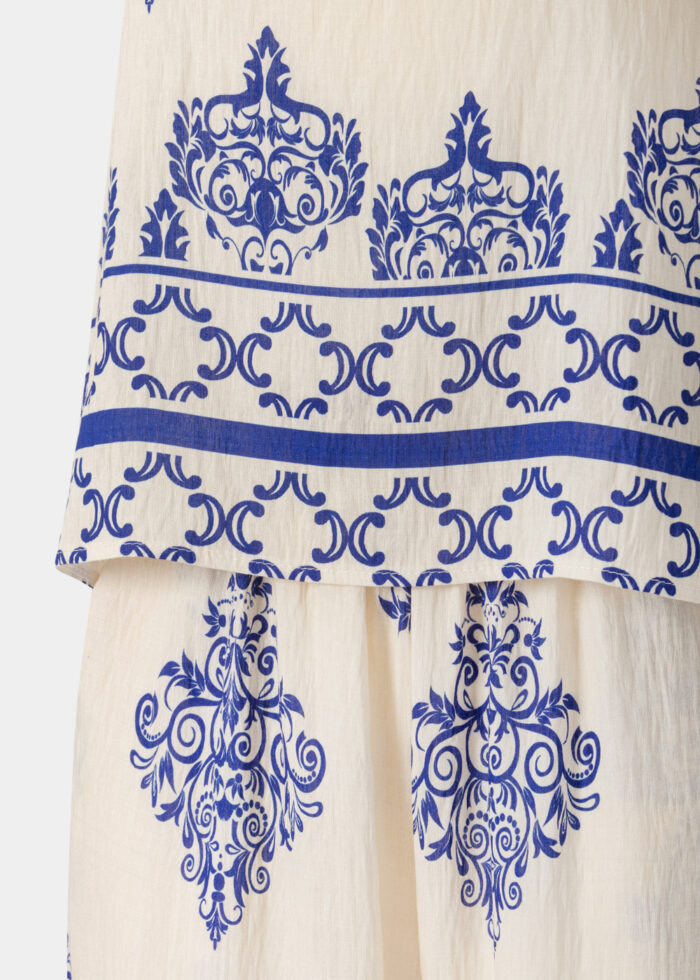 Cream Top & Pants Set w/ Blue Printed Design - Image 3
