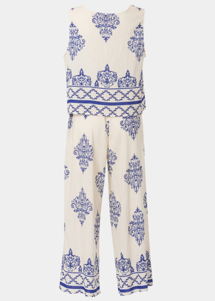 Cream Top & Pants Set w/ Blue Printed Design - Image 2