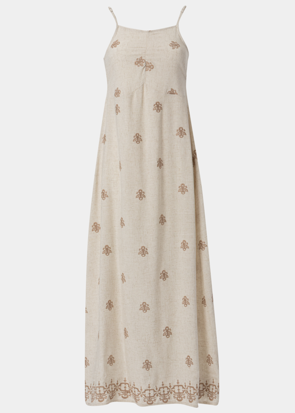 G28A7484 copy Beige Linen Maxi Dress w/ Gold Embroidered Flowers - Image 1