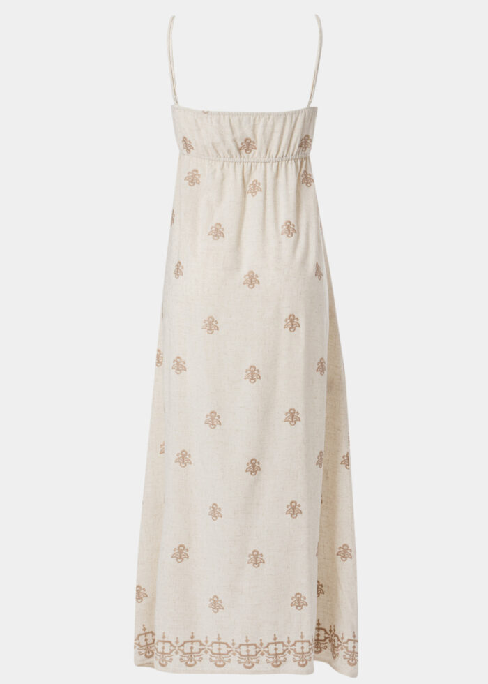 Beige Linen Maxi Dress w/ Gold Embroidered Flowers - Image 2