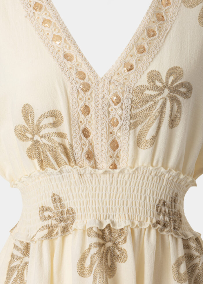 Beige & Gold Mini Dress w/ Embroidered Details - Image 3