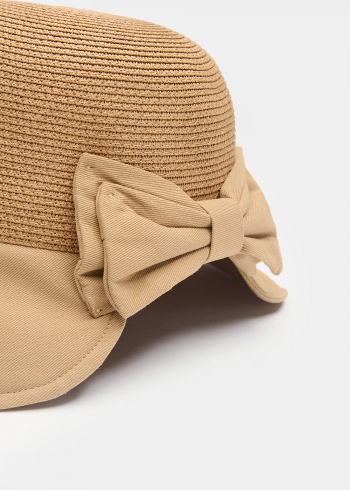 Beige Bucket Cotton & Straw Hat w/ Cotton Bow - Image 3