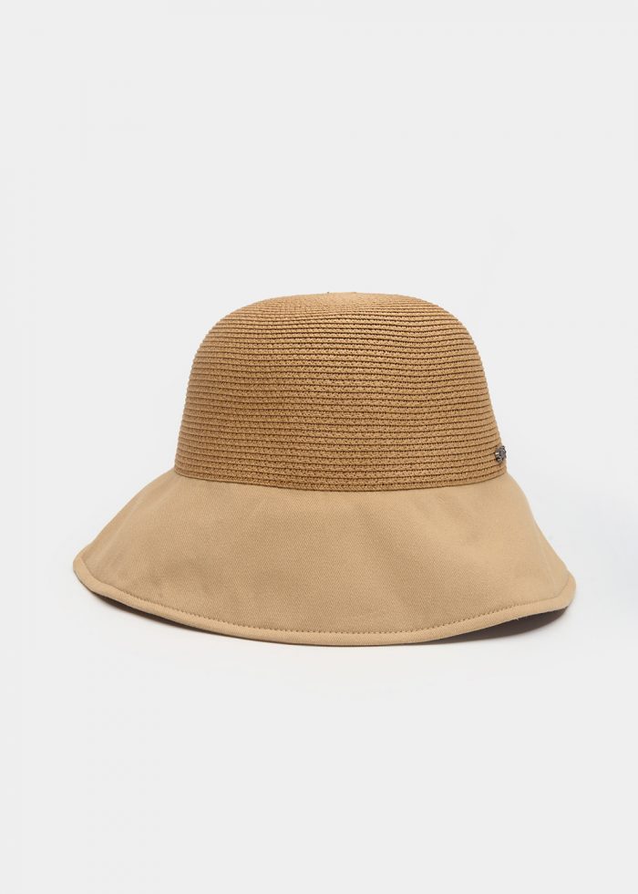 Beige Bucket Cotton & Straw Hat w/ Cotton Bow - Image 2