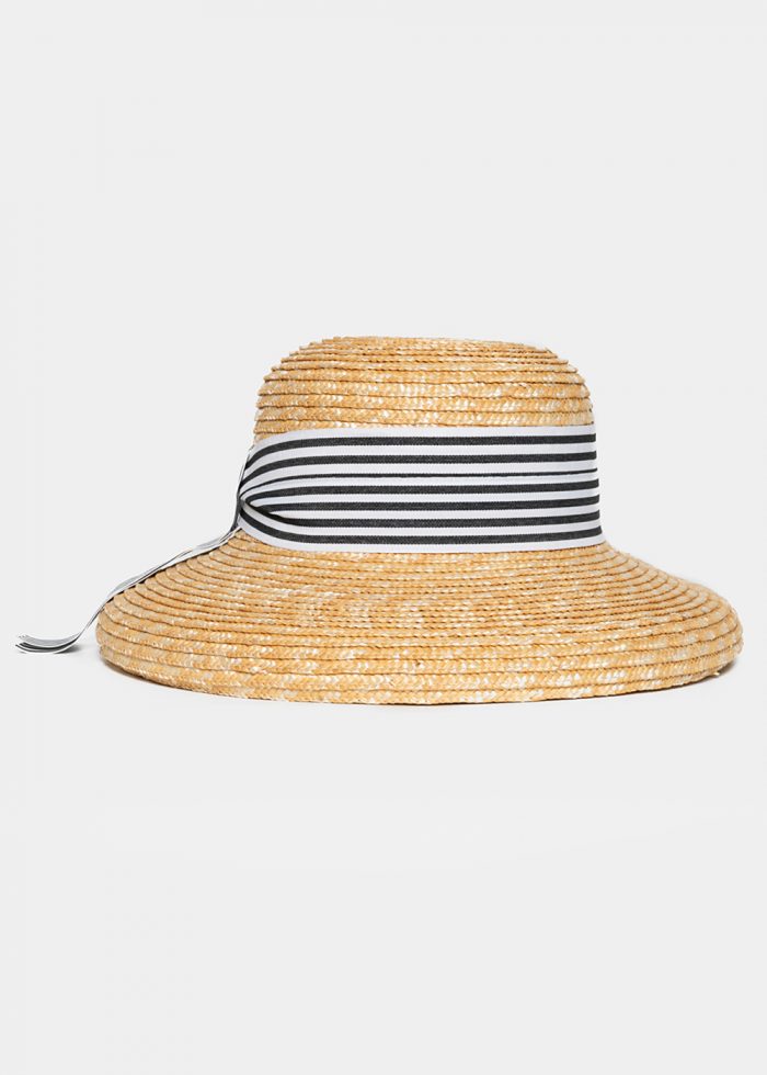 Beige Straw Hat with Black & White Barred Strap - Image 2