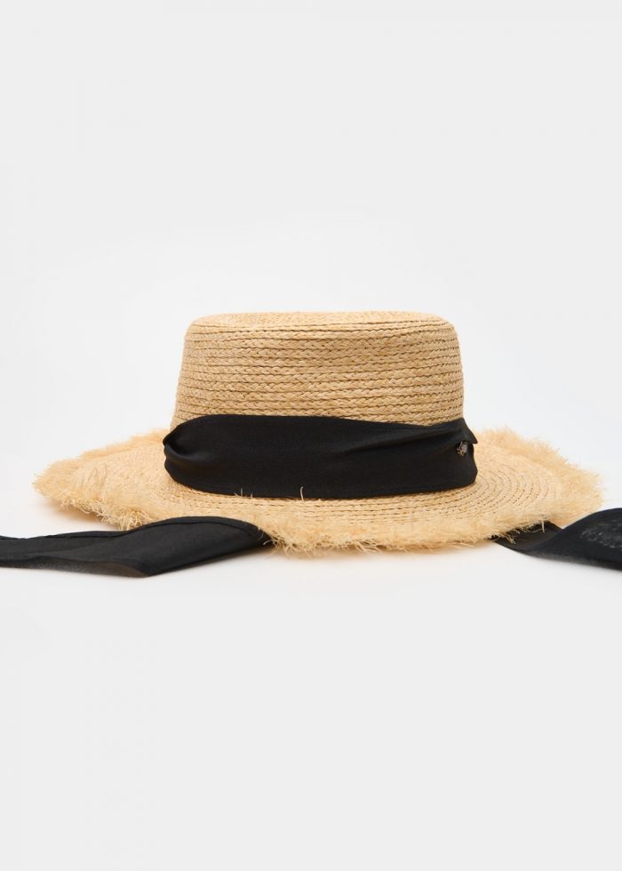 Natural Raffia Hat w/ Black Ribbon & Neck Tie - Image 2