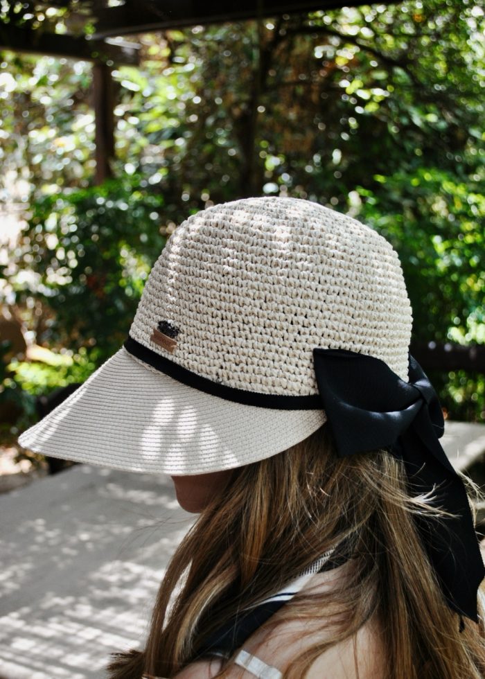 Beige Half Knitted Hat w/ Black Bow - Image 2