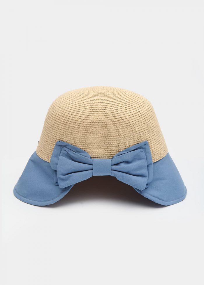 Blue Bucket Cotton & Straw Hat w/ Cotton Bow - Image 2
