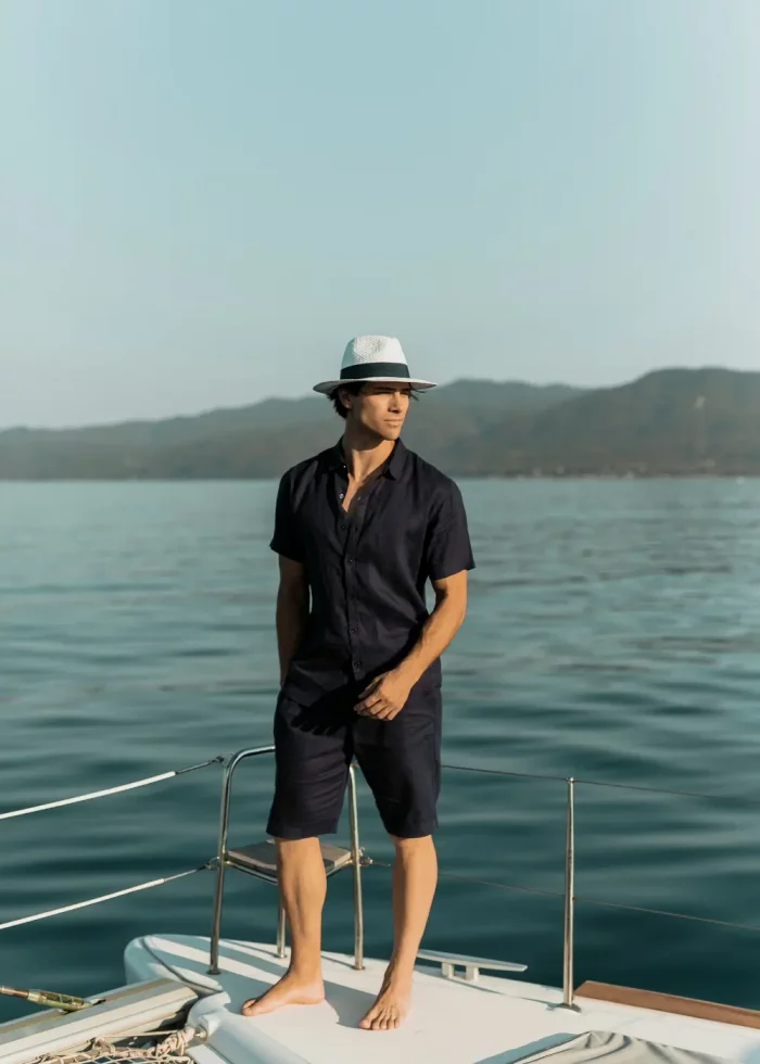 100% Linen Navy Blue Classic Shorts - Image 2