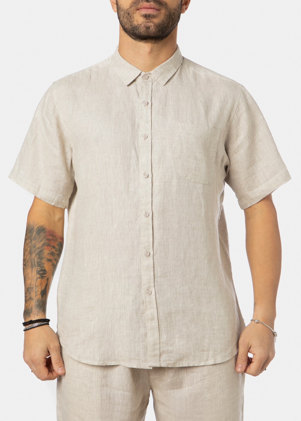 100% Linen Natural Beige Classic Shirt w/ Short Sleeves 100% Linen Natural Beige Classic Shirt w/ Short Sleeves - Image 1
