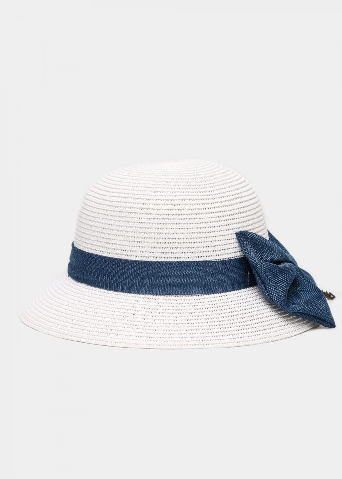 White Straw Hat w/ Navy Blue Bow - Image 2