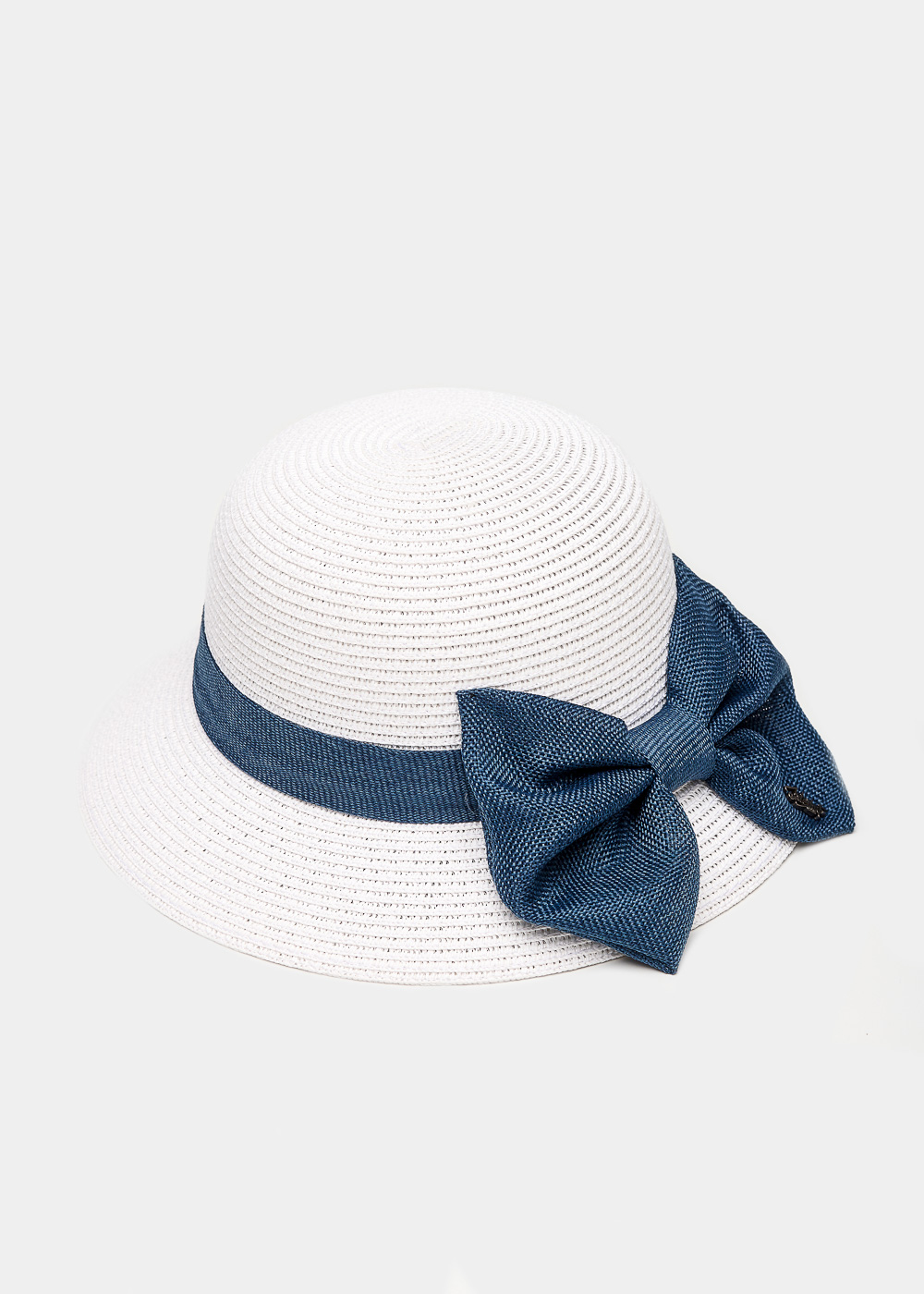 White Straw Hat w/ Navy Blue Bow White Straw Hat w/ Navy Blue Bow - Image 1