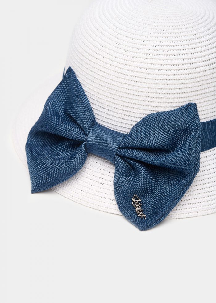 White Straw Hat w/ Navy Blue Bow - Image 3