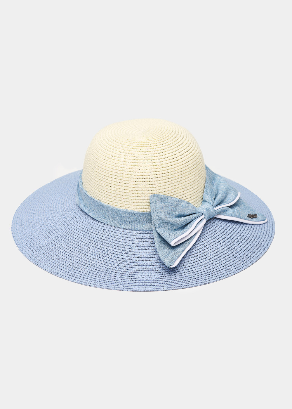 Light Blue & Beige Straw Hat w/ Bow Light Blue & Beige Straw Hat w/ Bow - Image 1