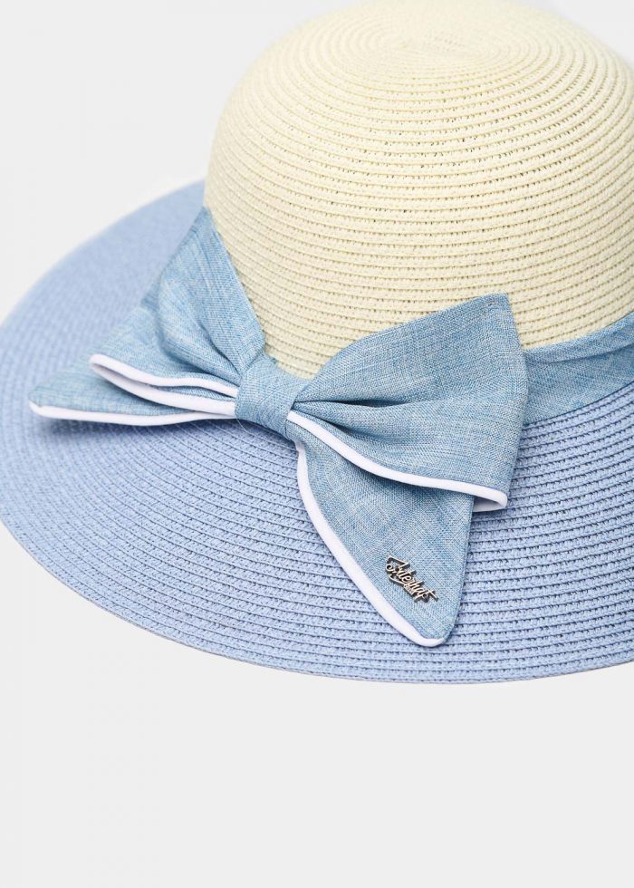 Light Blue & Beige Straw Hat w/ Bow - Image 3