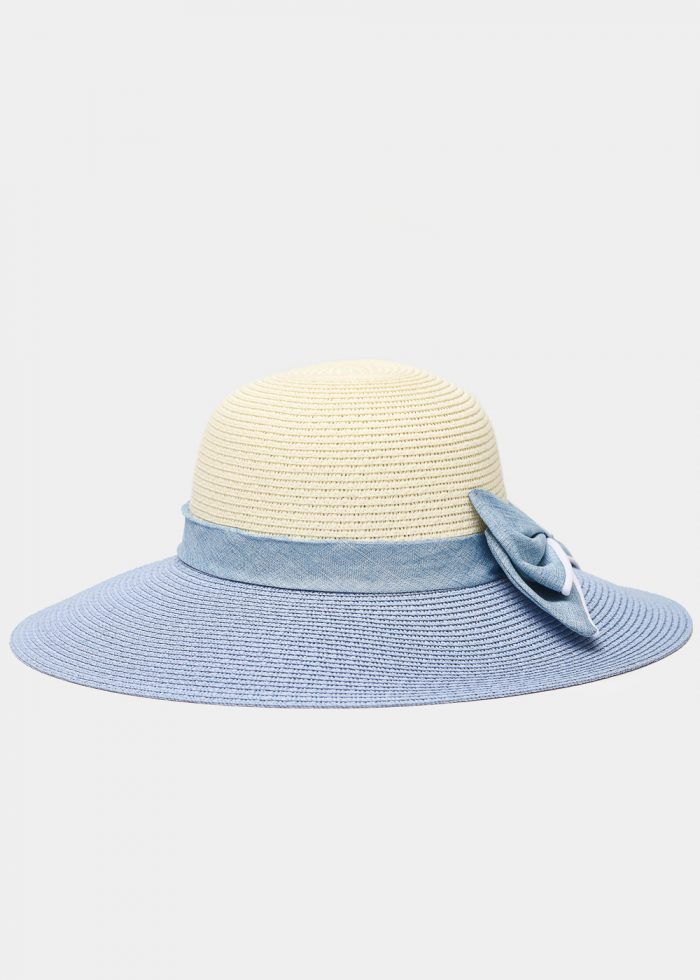 Light Blue & Beige Straw Hat w/ Bow - Image 2