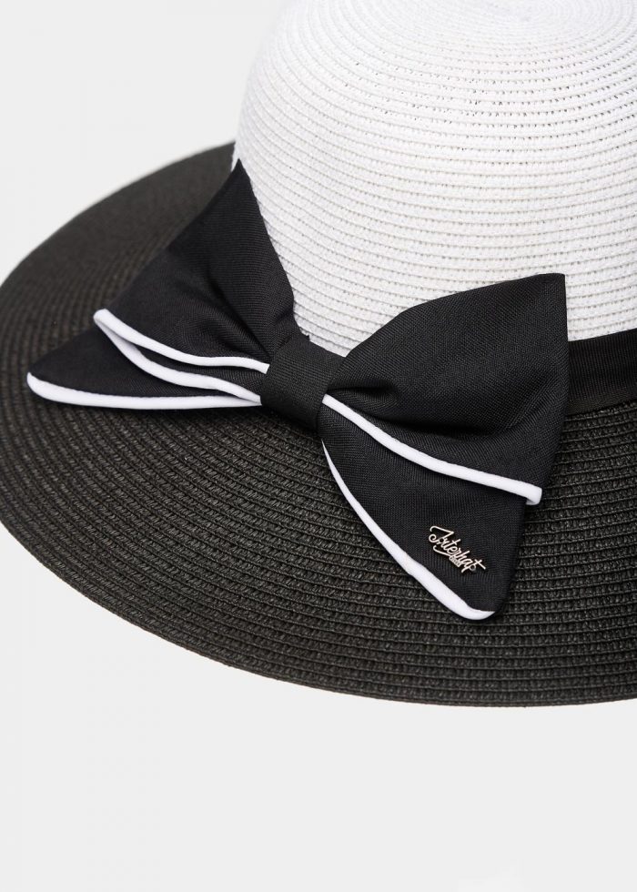 Black & White Straw Hat w/ Bow - Image 3