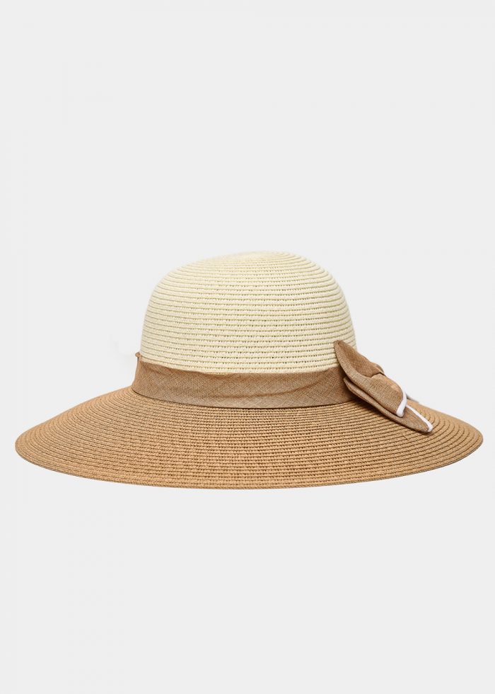 Brown & Beige Straw Hat w/ Bow - Image 2
