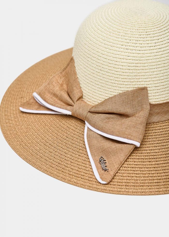 Brown & Beige Straw Hat w/ Bow - Image 3