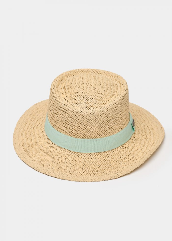 Beige Straw Hat w/ Light Blue Strap - Image 2