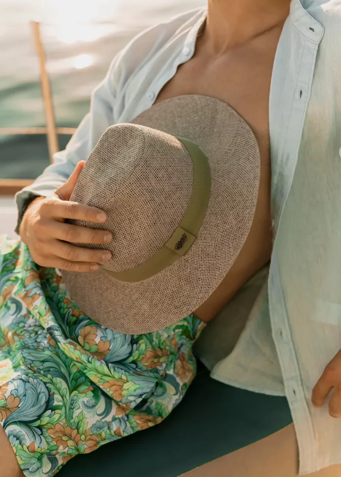 Light Grey Panama Style Hat w/ Olive Hatband - Image 2