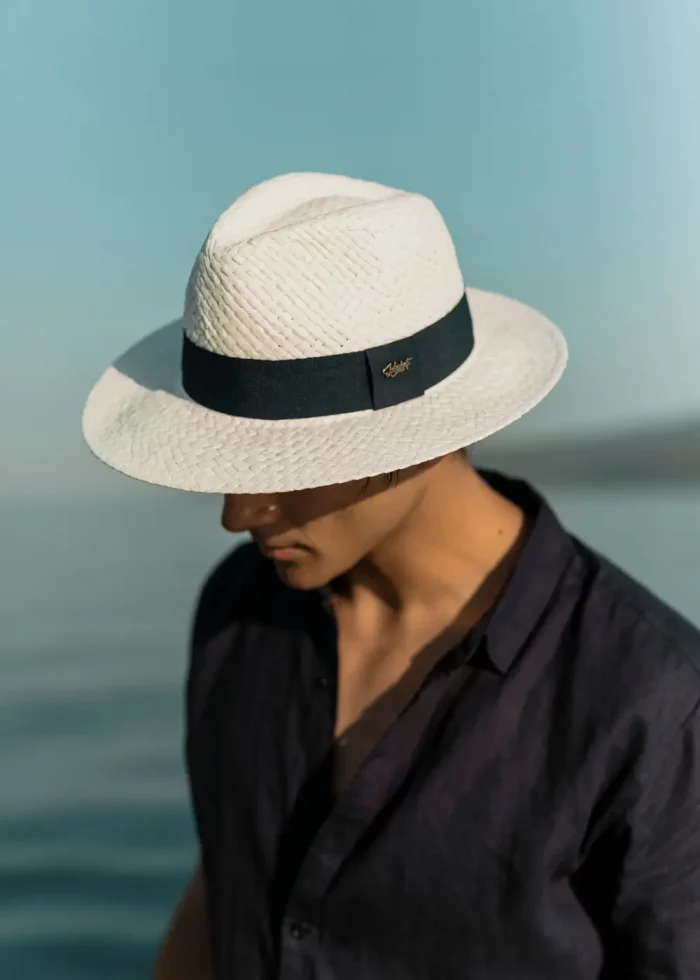 White Panama Style Hat w/ Black Hatband - Image 2