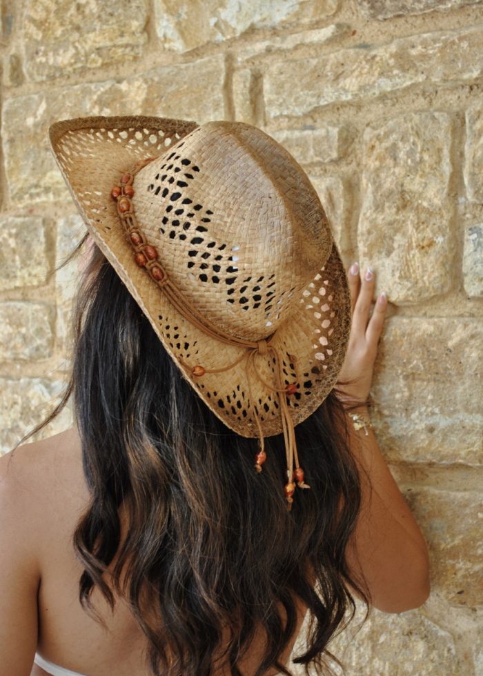 Natural Raffia Cowboy Style Hat w/ Orange Stones - Image 2
