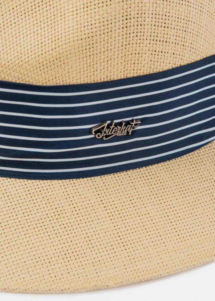 Beige Panama Style Hat w/ Striped Hatband - Image 3