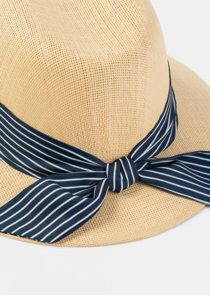 Beige Panama Style Hat w/ Striped Hatband - Image 4
