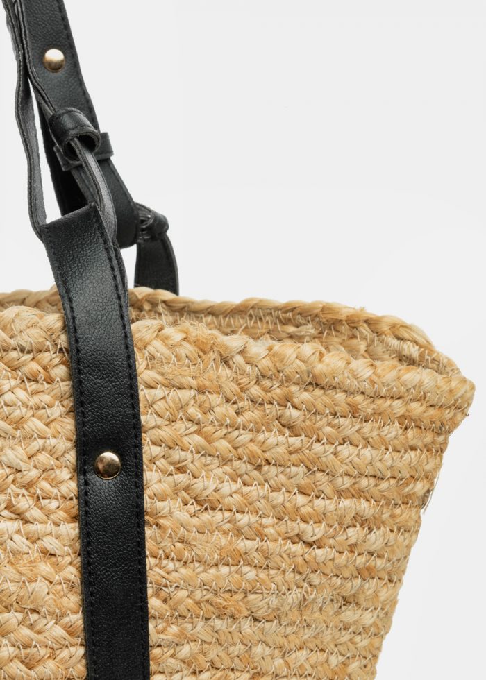 Big Jute Beach Bag w/ Black Leatherette Handles - Image 2