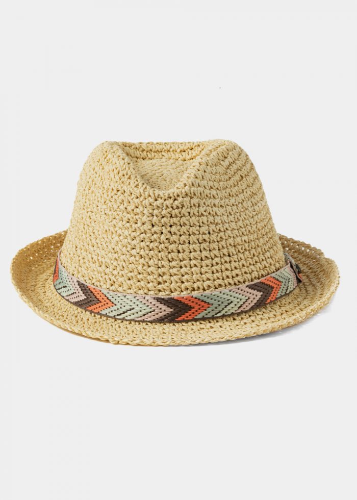 Beige Fedora Hat w/ multicolor hatband - Image 2