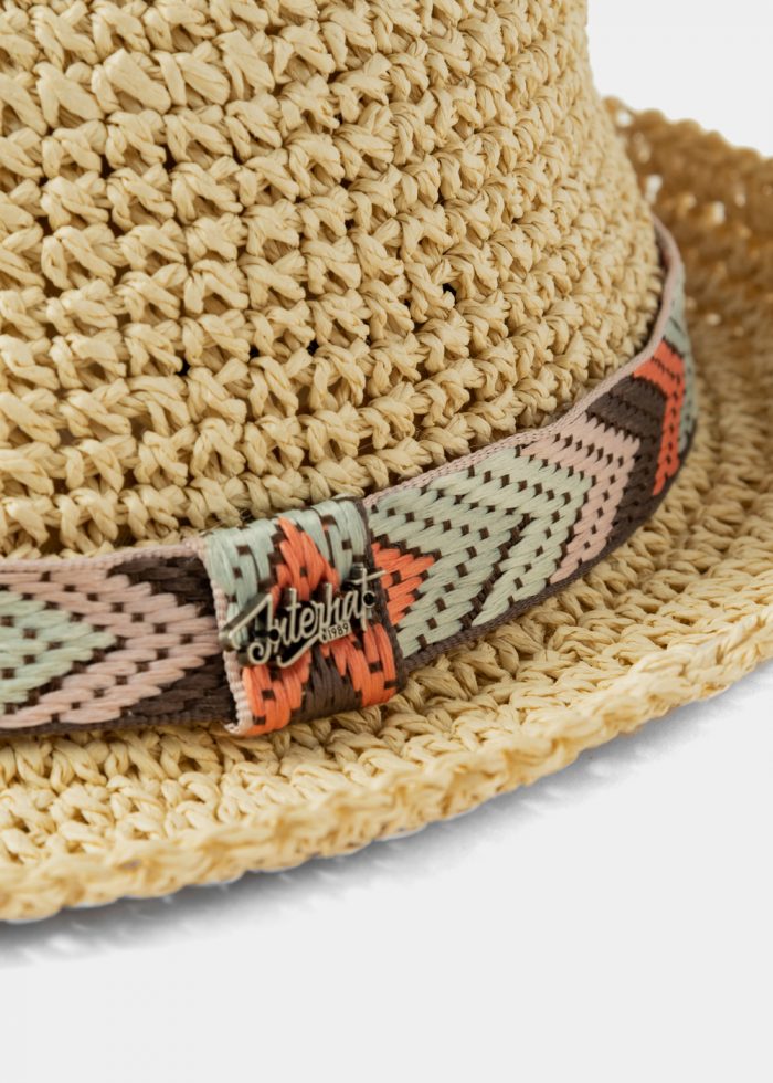 Beige Fedora Hat w/ multicolor hatband - Image 3