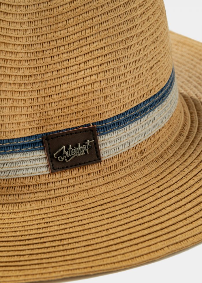 Brown Panama Style hat w/ coloured & leather details - Image 4