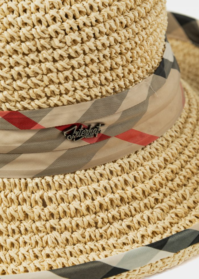 Beige Straw Hat w/ Grey & Red Foulard - Image 3