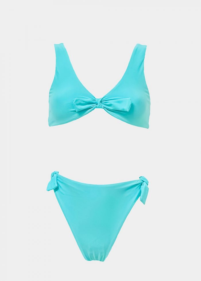 Tie Front High Waisted Bikini Swimwear - Blue - Image 3
