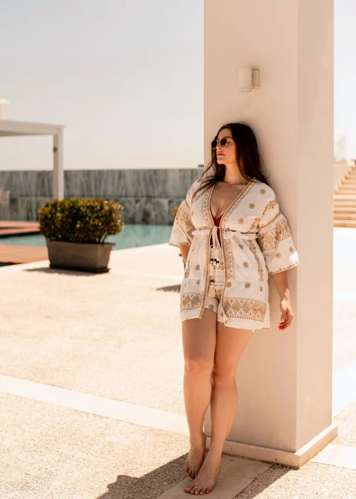 White & Gold Kimono w/ Embroidered Details - Image 2