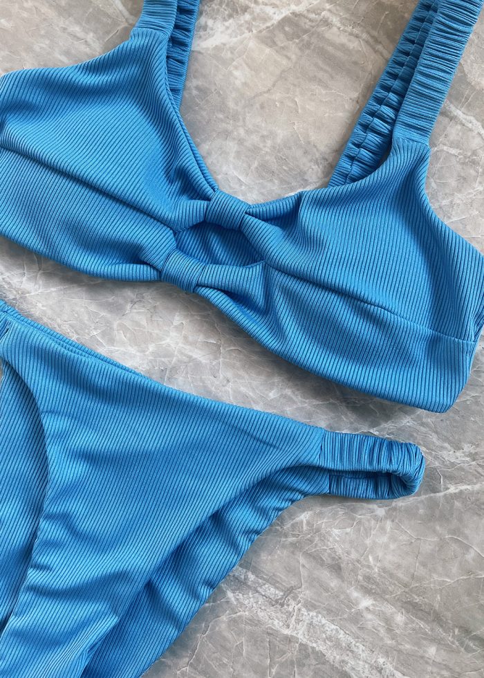 Ribbed Double Twist High Cut Bikini Swimwear - Blue - Image 2