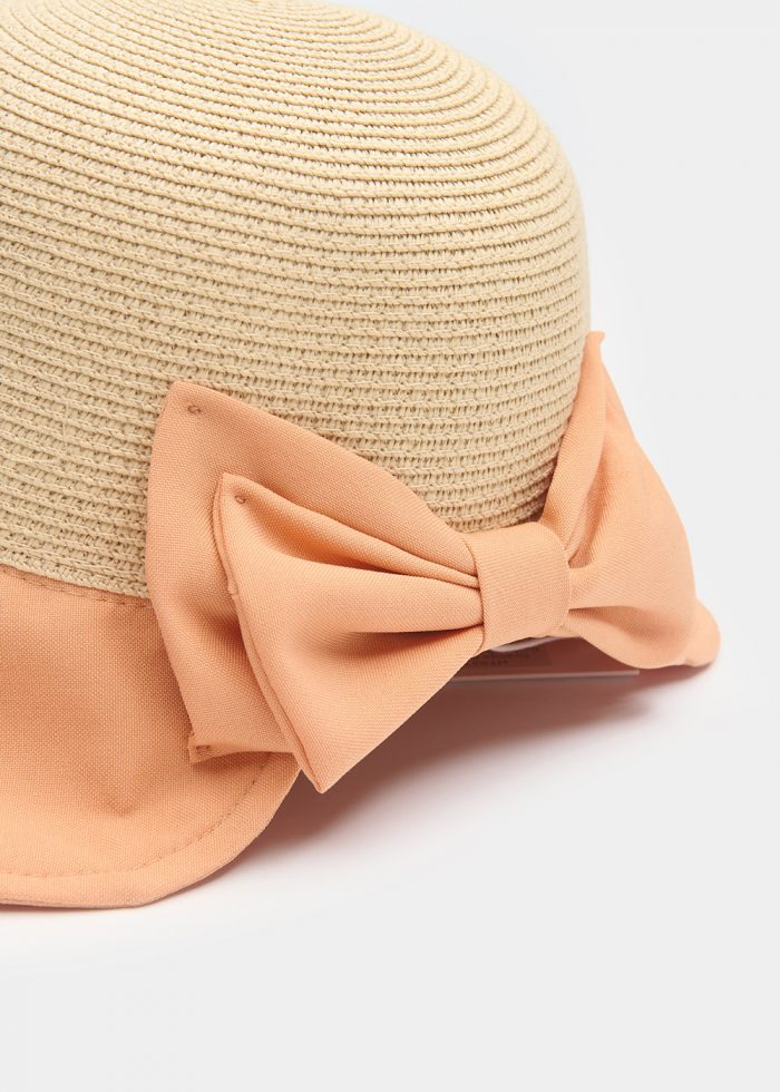 Orange Bucket Cotton & Straw Hat w/ Cotton Bow - Image 3