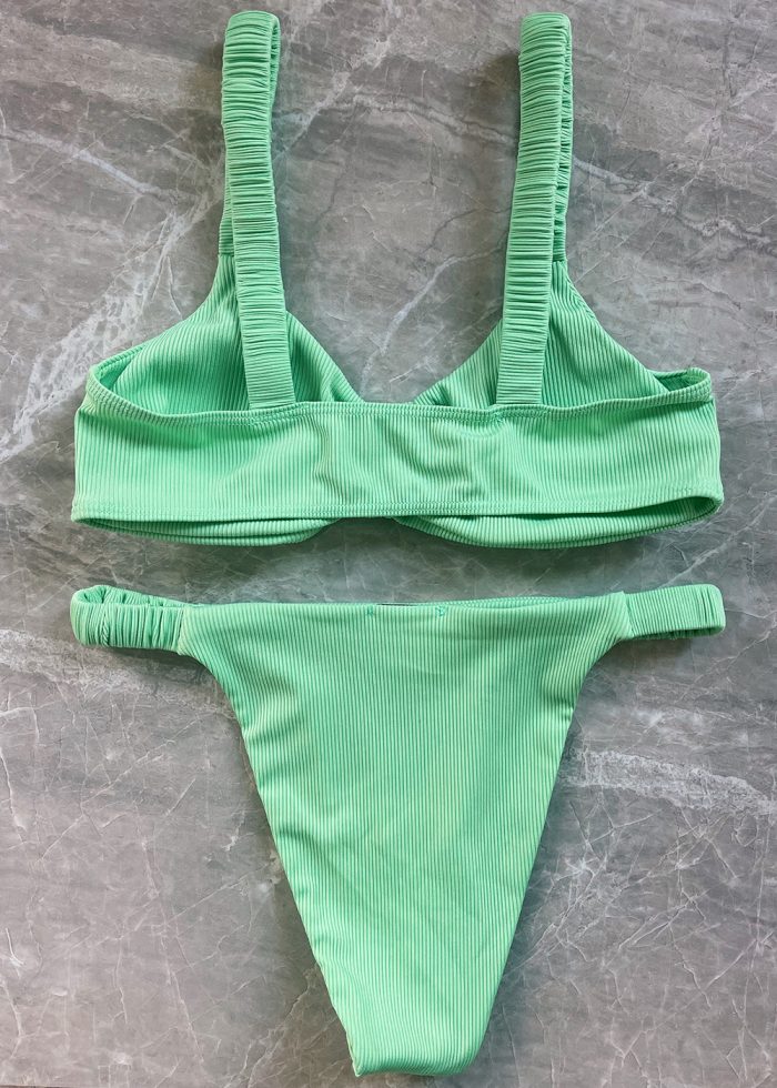 Ribbed Double Twist High Cut Bikini Swimwear - Light Green - Image 3