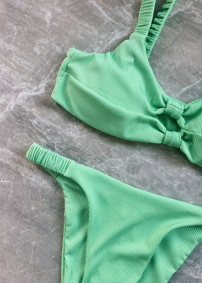 Ribbed Double Twist High Cut Bikini Swimwear - Light Green - Image 2