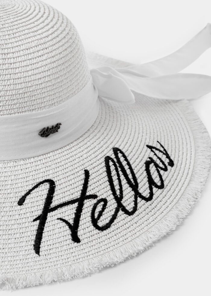 White "Hellas" Straw Hat w/ White Ribbon - Image 3